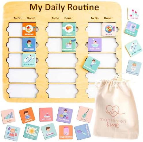 Wooden Toddler Routine Chart Ages 3-6 – Daily & Bedtime Routine Chart, Visual Schedule Board for Kids, Montessori-Inspired Visual Schedule for Kids Daily Routine by MontessoriMe