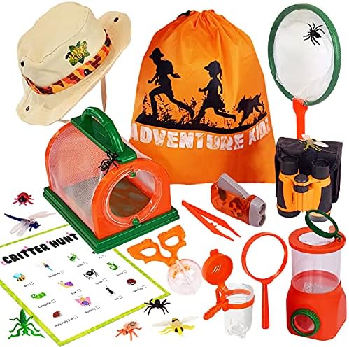 Adventure Kidz Outdoor Bug Exploration Kit, Binoculars, Magnifying Glass, Bug Containers, Viewers, Critter Cage, Butterfly Net, Backpack, Hat, Tweezers and Cups, Age 3+ by KidzPlay