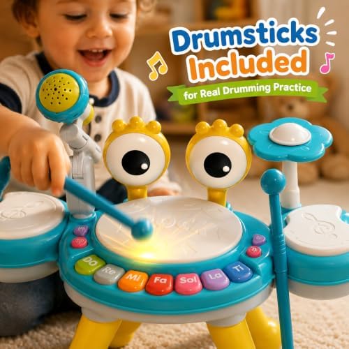 Kids Drum Set for Toddlers 1-3, Baby Drum Set Musical Toys with Light Up Microphone & 2 Sticks, Musical Instruments Montessori Learning Toys for 1 Year Old, Birthday Gift for Boys Girls - Image 4