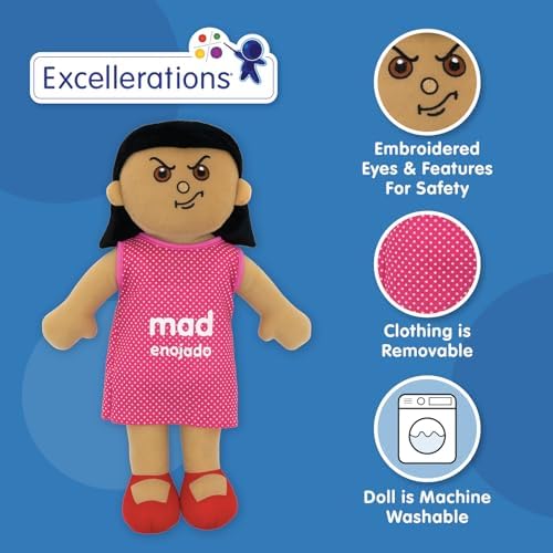 Excellerations 18" Bilingual Emotions Plush Baby Dolls, Set of 4 | Multi-Ethnic. 4 Common Expressions, Social Emotional Learning, Calm Down Corner Supplies, Play Therapy, Preschool Must Haves - Image 3