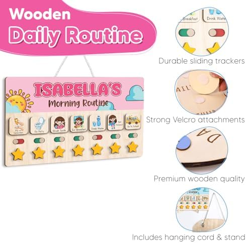 Personalized Wooden Chore Chart for Kids, Daily Routine Chart for Toddlers, Visual Schedule for Kids Age 3-5, Morning Bedtime Routine for Girls (01) - Image 6