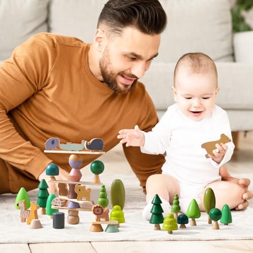 Wooden Animal Forest Balance Stacking Toy Set 36PCS Wood Miniature Tree Blocks Set Elegant Ornaments for Home Decor Wooden Mini Trees Animals Balance Toy for Toddler 36 Months+ - Image 3