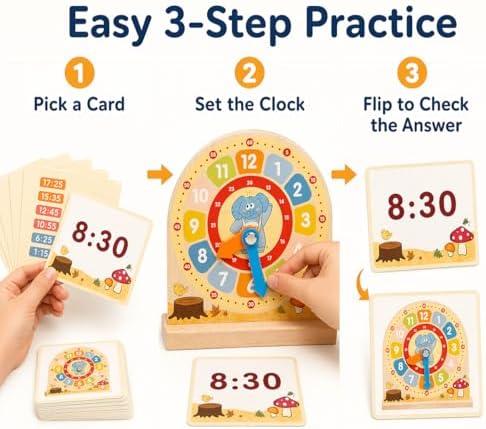 Busaurus Wooden Teaching Clock with 30 Cards for Kids - Image 5