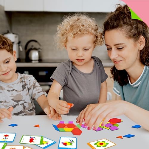 155 PCS Wooden Pattern Blocks Set, 24 Double-Sided Design Cards(48 Patterns) Geometric Shape Puzzle Fun Tangram Montessori Learning Toys for Kids Ages 4-8 (A Storage Bag & A Gift Box) - Image 6