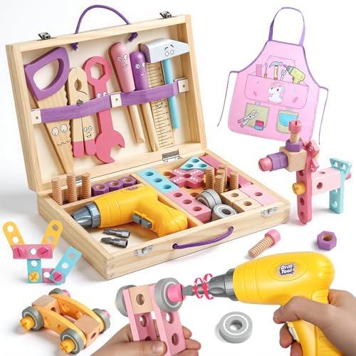 Wooden Kids Tool Set with Drill Montessori Toys for 3 Year Old Girl 44Pcs by TONZE