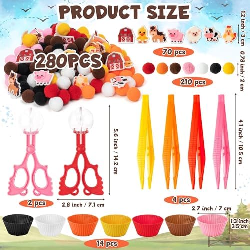 EZdhuawuse Farm Animals Sensory Bin Fillers - 301Pcs Summer Fine Motor Toys Sorting Stacking Toys for Kids, Felt Pig Horse Sheep Pom Poms Cup Clip for Preschool Education Early Development Activities - Image 2