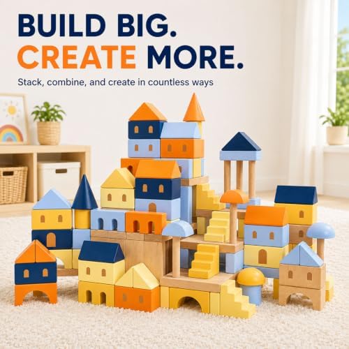 155-Piece Blue Wooden Building Blocks Set with Storage Bag - Image 2