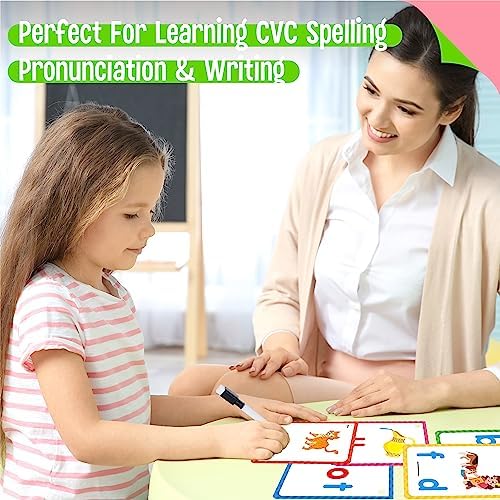 CVC Word Writing Cards, 120 Double Sided Handwriting Cards Short Vowel Spelling Flashcards CVC Sight Words Early Educational Tool for Kids 3 4 5 Years Old (Plus 2 Markers & 3 Reclosable Plastic Rings) - Image 6