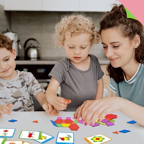 215 PCS Wooden Pattern Blocks Set, 24 Double-Sided Design Cards Pattern Building Shapes Educational Geometric Shape Puzzle Fun Tangram Montessori Learning Toys for Kids Ages 4-8 (A Storage Bag) - Image 6