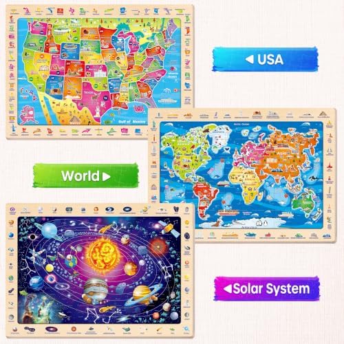 SYNARRY Large USA World Solar System Wooden Puzzles for Kids Ages 4-6 - Image 2