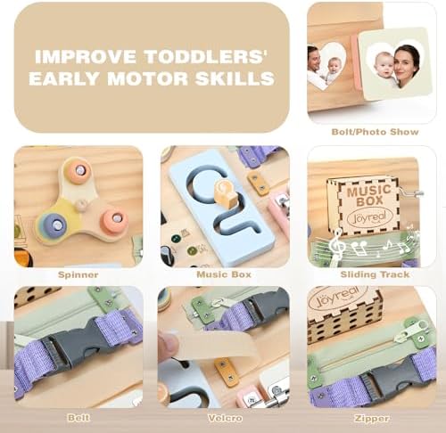 Joyreal Wooden Busy Board Montessori Toys for Toddlers, Sensory Activity Board with LED Lights, Music Box & Locks, Educational Learning Toy Gifts for Boys and Girls - Image 3