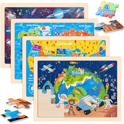 Puzzles for Kids Ages 4-6, 4 Packs 24 Pcs Wooden Jigsaw Puzzles for Toddlers Ages 2-4, Preschool Educational Map Puzzle Toys Gifts for 3 4 5 6 Boys Girls by Duchong