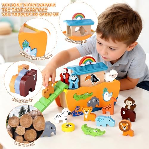 Hoarosall 27-Piece Wooden Noah's Ark Toy for 1-3 Year Olds Baptism Christmas Birthday Gift Bilingual Bible Story Montessori Shape Sorter Christian Educational Toy for Boys Girls - Image 3