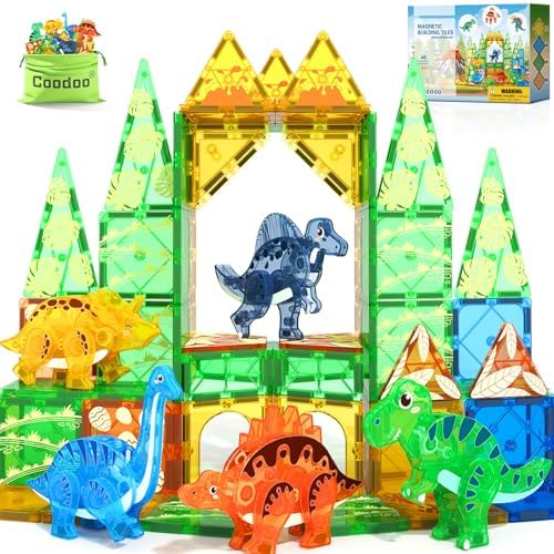 Dinosaur Toys Magnetic Tiles 3D Movable Dinos for Kids 3-5 5-7 Toddler Toy by Coodoo