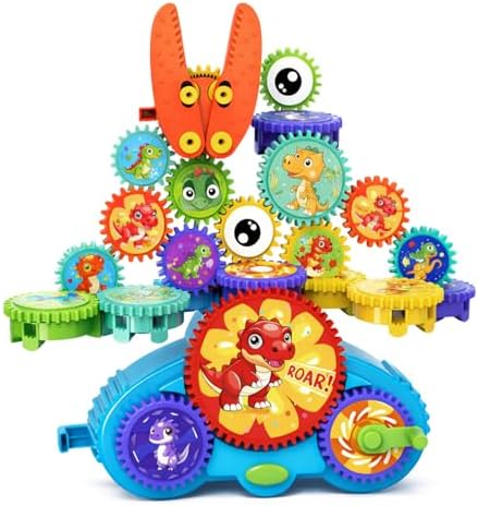 Motorized Gear Building Blocks Toys, Electric Dinosaur Spinning Set Ages 3-6, STEM Construction Kit, Fine Motor Cause-Effect Gift for Boys Girls by ROHSCE