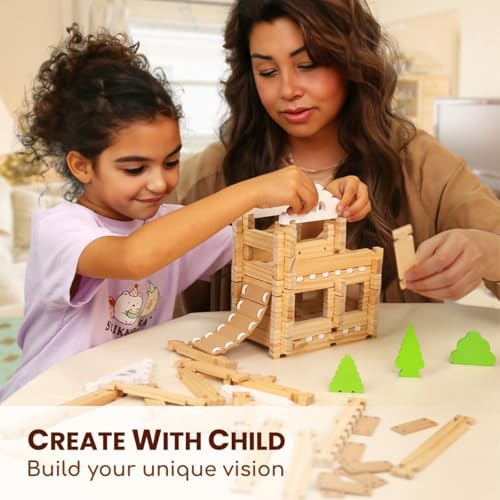 Jovi-Mindly & Notchies 96 PCS Wooden Building Blocks Toy Set for Kids Ages 4+ Boys Girls, Creative Construction Imaginative Cabin House with Storage Bag STEM Educational Learning Toy for Birthday Gift - Image 3