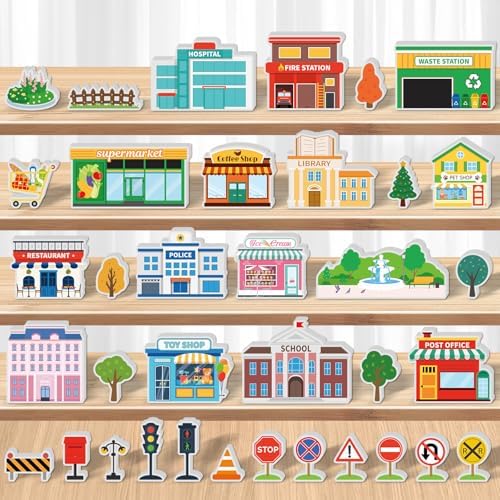 Kathfly 36 Pcs Wooden Community Helpers Buildings, Career Figures Toy by Kathfly