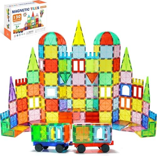 EchoPlan Magnetic Tiles,130PCS Magnetic Blocks with 2 Cars for Kids by EchoPlan