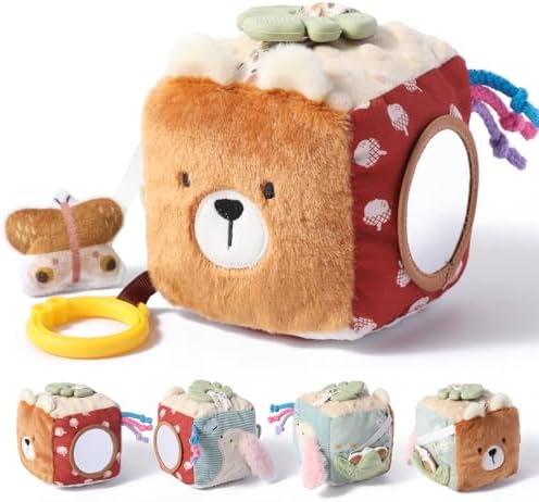 let's make Bear Baby Activity Cube for Babies 0-12 Months, Soft Activity Block Toy with Food-Grade Teether & Baby-Safe Mirror, Tummy Time Crinkle Toy for Infants Boys Girls by letsmake