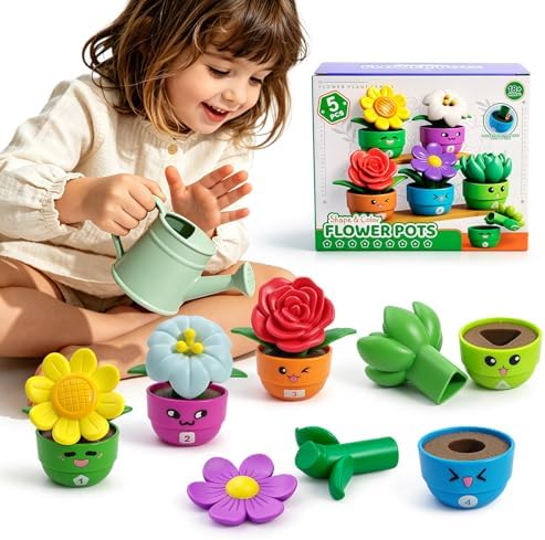 Montessori Flower Garden Building Toy for Girls & Boys, Toddler Gardening Set with 5 Shape & Number Flowers, Preschool Learning Matching & Stacking Game, Sensory Toys Gifts for 1 2 3 Year Old by Ninigai