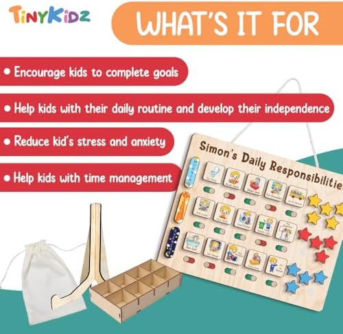 TinyKidz Large Daily Responsibilities for Toddlers 12x15", Wooden Daily Routine with Star Reward, Wooden Routine Chart for Kids - Image 3