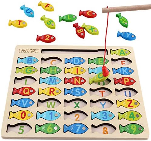 Magnetic Wooden Fishing Game Toy for Preschoolers, Alphabet Fish Catching Counting Games Puzzle with Numbers and Letters, Preschool Learning ABC and Math Educational Toys for 3 4 5 Years Old Kids by NASHRIO