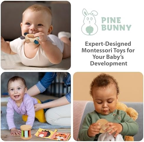 Pine Bunny Montessori Wooden 9-in-1 Toy Set for 4+ Months, Silicone Teether, Interlocking Discs, Mirror Toy, Wooden Bell Cylinder, Cloth Book, Spinning Drum, Educational Learning Sensory Development - Image 3