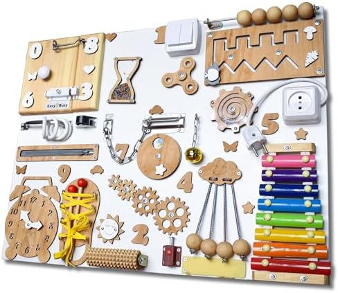 Busy board for 1 2 3 year old, montessori toy, wooden sensory activity board, fidget busyboard, toddler wall toy, birthday gift, baby shower present, educational toy, personalized activity board by EasyBusy