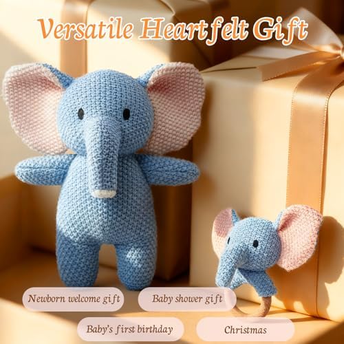 10" Crochet Elephant Stuffed Animal with Rattle, Pure Cotton Soft Crochet Doll Plush Toy for Newborn, Handmade First Birthday Gift - Image 5