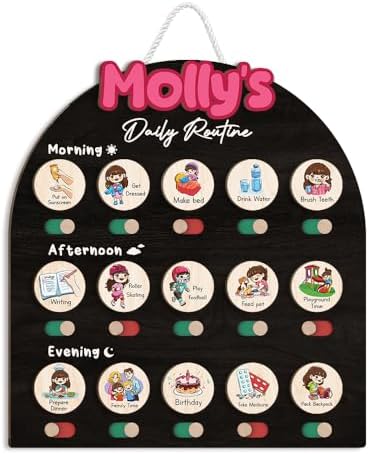 Personalized Wooden Chore Chart for Kids, Daily Routine Chart for Toddlers, Visual Schedule for Kids Age 3-5, Morning Bedtime Routine for Girls (08) by LilaLand