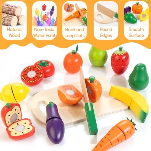 Wooden Play Food for Toddlers, Fruit & Veggies Cutting Set for Play Kitchen - Image 2