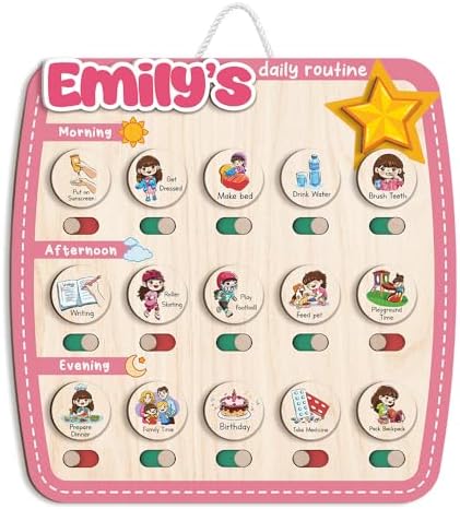 Personalized Wooden Chore Chart for Kids, Daily Routine Chart for Toddlers, Visual Schedule for Kids Age 3-5, Morning Bedtime Routine for Girls (09) by LilaLand