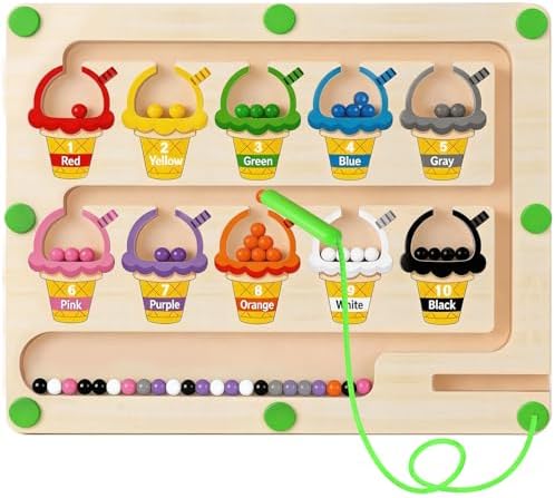 Magnetic Color & Number Maze, Montessori Wooden Puzzle Board, Educational Magnet Toy for Toddlers 2 3 4 5 Years Old, Fine Motor Skills Learning Game, Birthday for Boys Girls (ice Cream) by iFunLong
