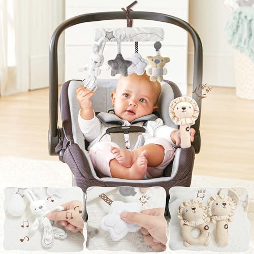 Golray 9pcs Newborn Baby Gift Baskets for Boys Girls Baby Shower, 2 Rattle/Seat Hang Toy/Blanket/Bodysuit/Bib/ 3D Socks/Wood Milestone/Carry Box, Neutral New Born Essential Stuff Unisex Baby Gifts Boy - Image 6