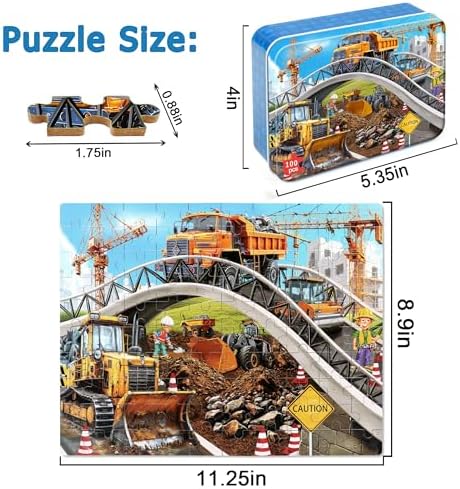 LELEMON Puzzles for Kids Ages 4-6,Construction Site 100 Piece Puzzles for Kids Ages 4-8 in a Metal Box,Educational Jigsaw Puzzles 100 Piece Puzzle Games Puzzle Toys for Girls and Boys - Image 2