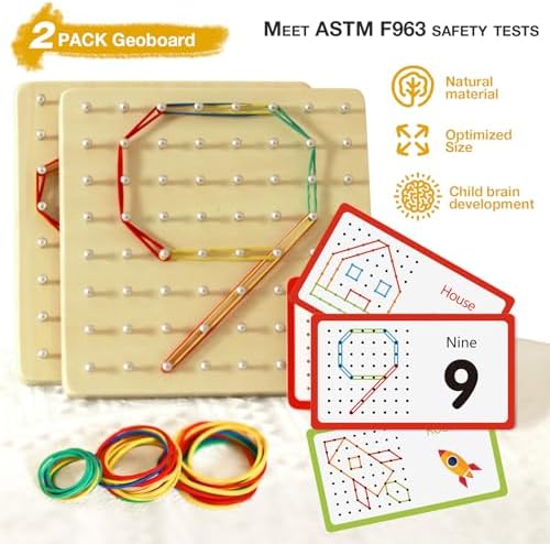 CHEROSIN 2Pack Wooden Geoboard Montessori Toys - Wood Geo Board Manipulative Geoboards for 4 5 6 Year Old Kids with Pattern Cards and Rubber Bands,Brain Teaser STEM Toy for Boys Girls Ages 3-6 - Image 2