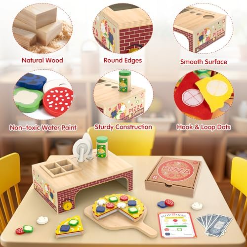 WOODMAM Wooden Pizza Toy, 48 PCS Montessori Pretend Play Food for Ages 3+ - Image 4