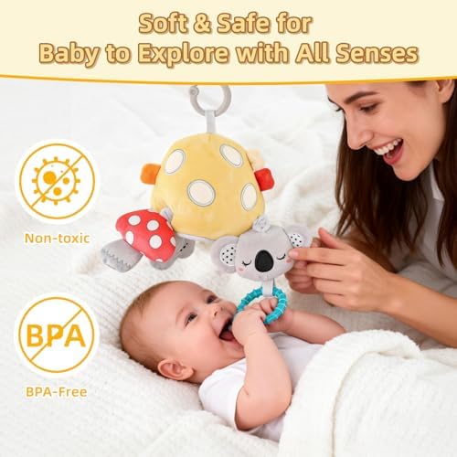 Musical Baby Pull Vibration Toy for Car Seat 6-12 Months, Travel Sensory Toy 3 Months, Montessori Plush Toys for Roadtrip with Crinkle Textures Flutter Squeaky Mirror Newborn Infant Gift - Image 5