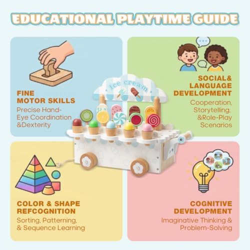 BROWNROOT Wooden Ice Cream Cart, Pull Along Pretend Play Toy for Kids - Image 5