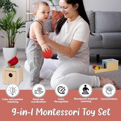 Pine Bunny Montessori Wooden 10-in-1 Toy Set for 7+ Months, Object Permanence Box, Egg and Cup, Tissue Box, Fabric Blocks, Scarf, Educational Learning Sensory Development Fine Motor Skills Baby Toys - Image 6