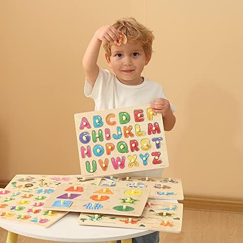 GRINNNIE Wooden Peg Puzzle for Toddlers, 6 Pack Toddler Puzzles Set for 3 4 5 Years Old (Alphabet Number Shape Animal Dinosaur Vehicle), Preschool Education Learning Puzzle Toys for Girls and Boys - Image 2