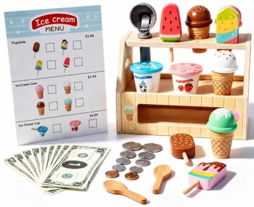 BROWNROOT Wooden Ice Cream Shop Toy with Menu and Play Money for Kids by Brownroot