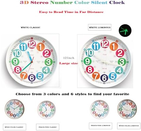 Learning Time Clock for Kids,12 Inch 3D Numbers Colorful Clock Face Silent Clocks，Bedroom,Kitchen,Classroom,Décor at School, Clear Digital Wall Clock for Kids Room (3D Wood Color Classic) - Image 2