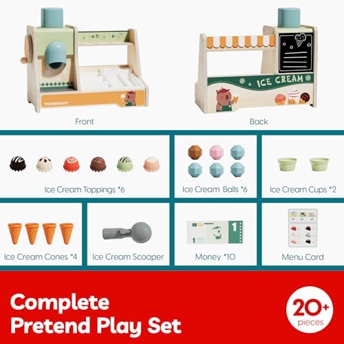 TOP BRIGHT Wooden Ice Cream Set with Scoop, Pretend Play Toy Ages 3+ - Image 4