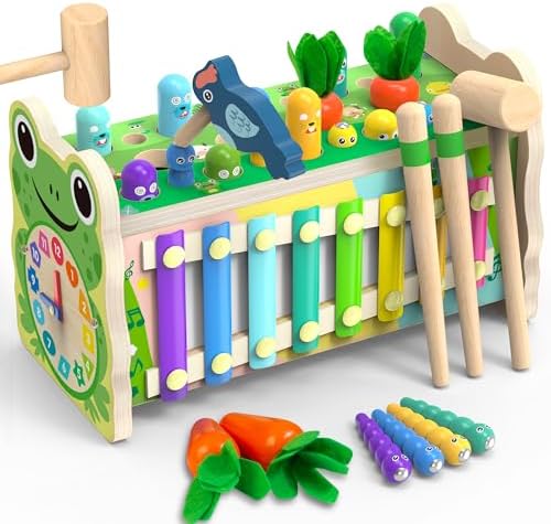 6-in-1 Wooden Montessori Toys for 1 2 3 Year Old, Mole-Tapping Game by AmtreenOfficial