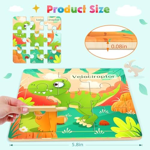 Zeoddler Wooden Puzzles for Toddlers, 8 Pack Dinosaur Jigsaw Puzzles for Kids3-5, 9 Pieces Preschool Learning Activities, Learning & Educational Puzzles, Gift for Boys, Girls - Image 2