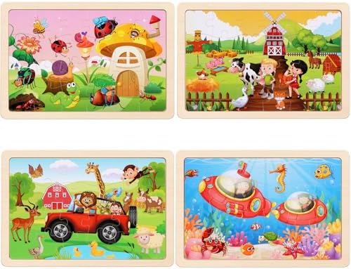 Wooden Puzzles Toys for Kids Ages 3-5, Set of 4 Packs with 20-Piece Farm, Animals Theme Wood Jigsaw Puzzles, Preschool Educational Brain Teaser Toys for Boys and Girls 3-6 Years Old. - Image 3