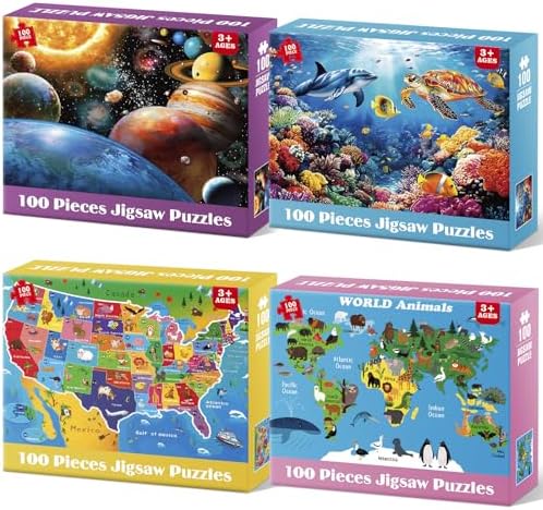4 Packs 100 Piece Puzzles for Kids Ages 4-6 6-8 8-10, Educational Kids Jigsaw Puzzle Set, Ocean Space US Map World Animals Learning Puzzle Toy Gift for Boys Girls Teens Adults Kids Puzzles 4-6 5-8 by Bractowa