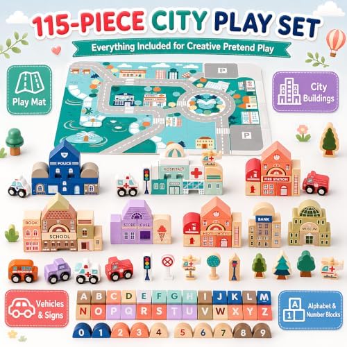 Migargle Wooden Building Blocks Set, 115 Pcs City Construction Stacker Stacking Preschool Learning Educational Toys, Toddler Toys for 3+ Year Old Boy and Girl Gifts - Image 5