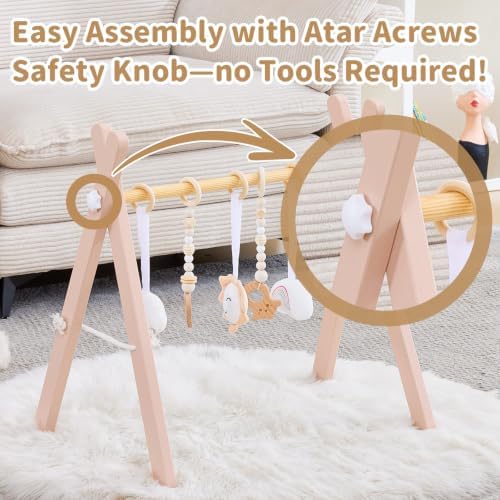 Foldable Wooden Baby Play Gym with 6 Sensory Toys – Montessori Activity Center for Newborns, No-Tool Assembly, Natural Wood Indoor Gym for Infant Motor Development & Tummy Time (Pink) - Image 6